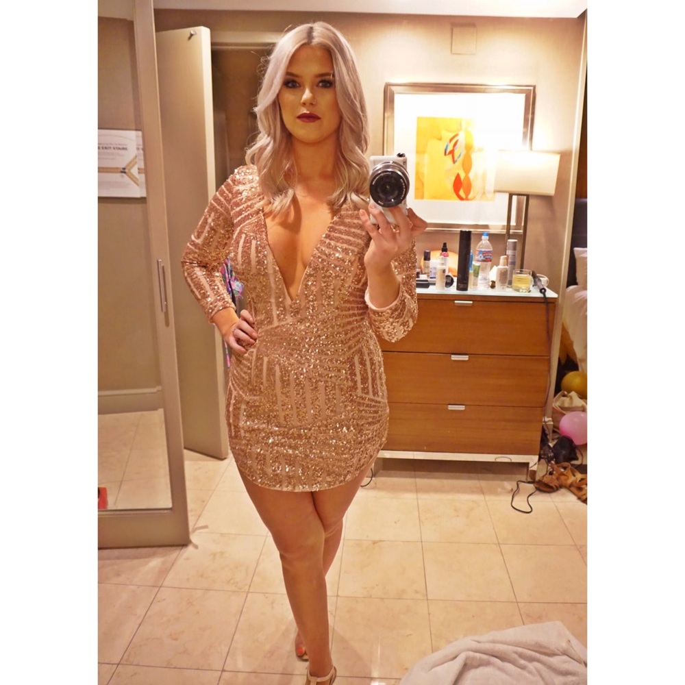 Plunging V neck Rose Gold Sequin Mini Party Dress